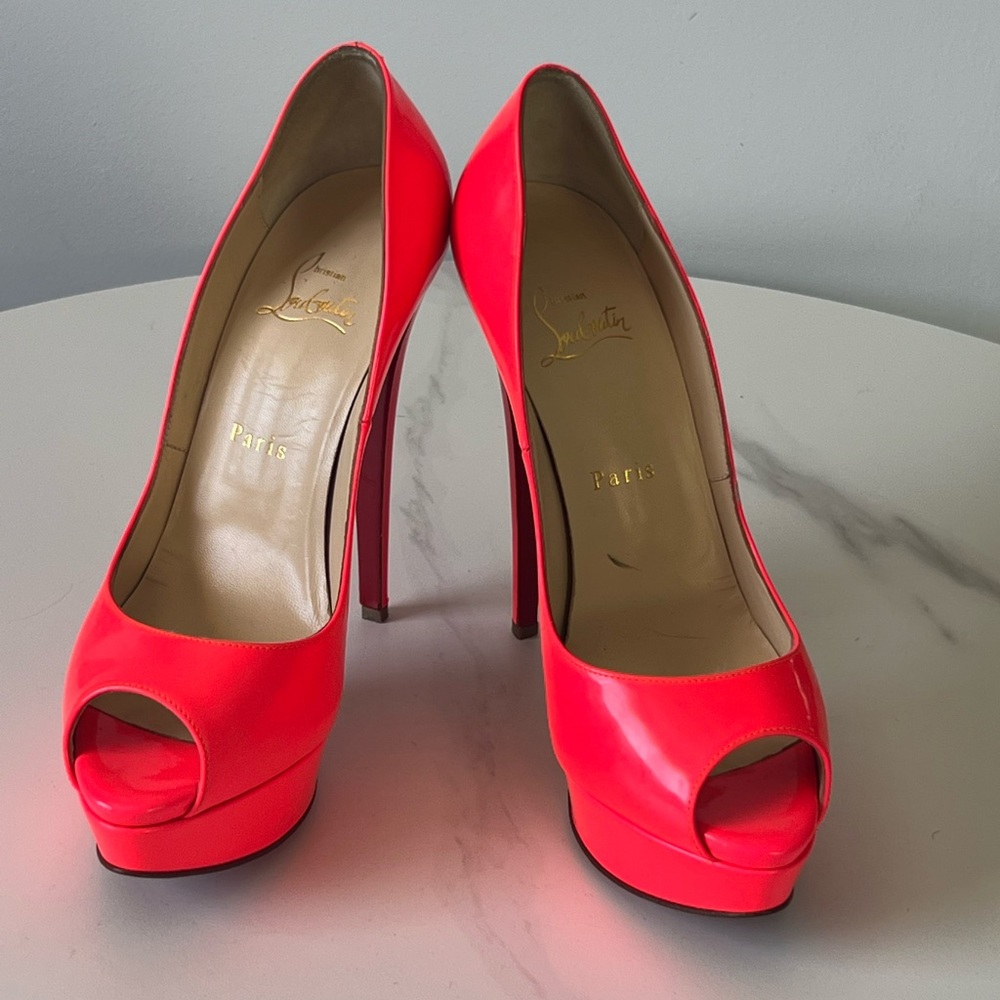 CHRISTIAN LOUBOUTIN Size 38 LADY PEEP Hot Pink Heels Platform Pump Shoes 38 Eur